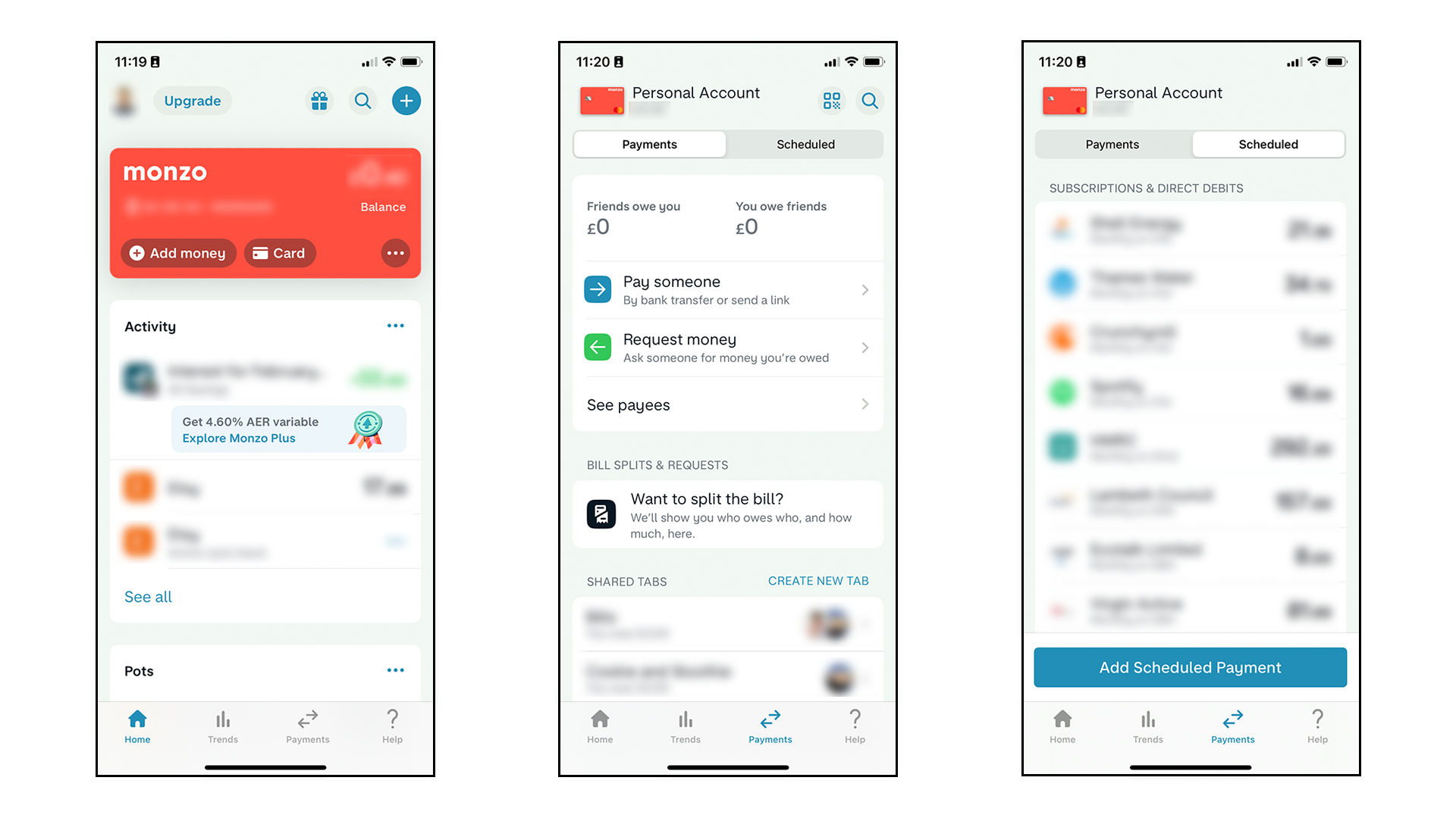 Three screens from the Monzo banking app. Screen one is the home screen, screen two is the transfers screen set to showing payment options, screen three is the transfers screen showing scheduling options.